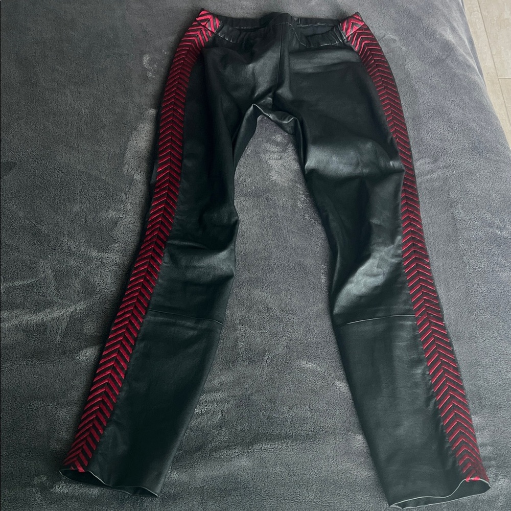 Haider Ackermann Black Leather Pants with Red Chevron Stripes